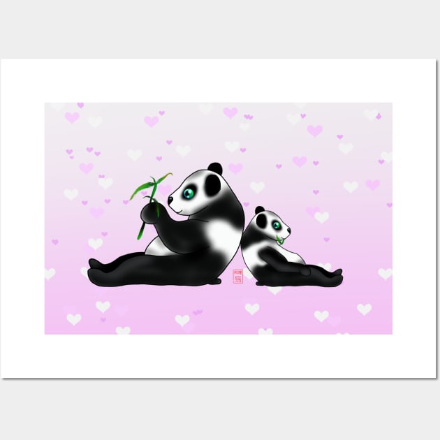 Two pandas eating bamboo on a pink background with hearts Wall Art by cuisinecat